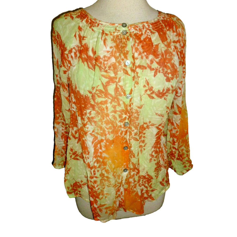 Sundance Floral Button Down Blouse 3/4‎ Sleeve 100% Silk sz M Medium